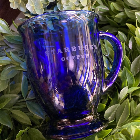 Starbucks Cobalt Blue Glass Starbucks Coffee Etched Footed Handled Mug 16 oz - Picture 6 of 16